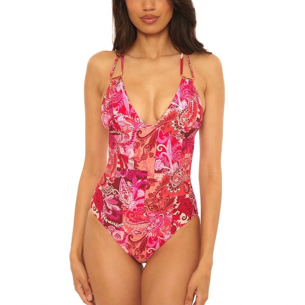 BECCA by Rebecca Virtue Bali Abigail Ribbed One Piece Swimsuit Multi Pink Large
